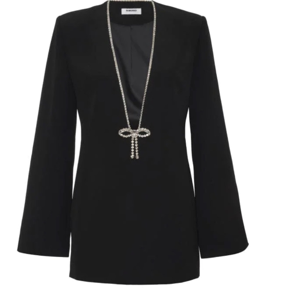 Rumored Black Long Sleeve V-Neck Shift Dress with Chain Bow Detail